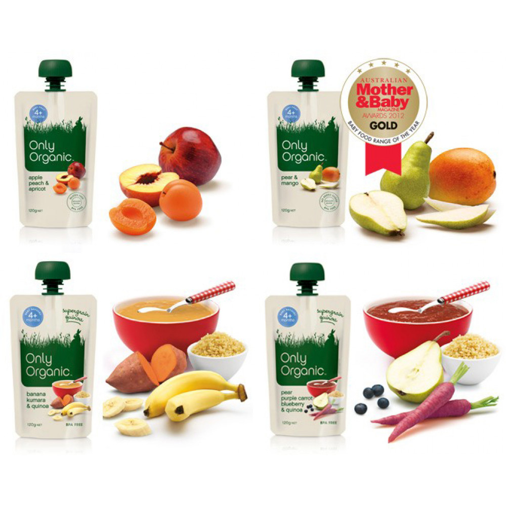 Only Organic有机婴儿辅食/果泥4个月以上 四包四种口味 Only Organic First foods 4 months+ Only Organic有机婴儿辅食/果泥4个月以上 四包四种口味 Only Organic First foods 4 months+
